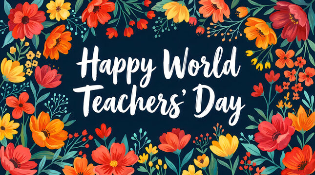 Happy world teachers day card with colorful flowers and banner