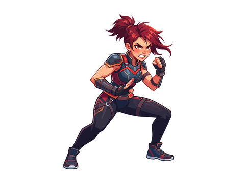 A determined female warrior in a combat stance with red hair.