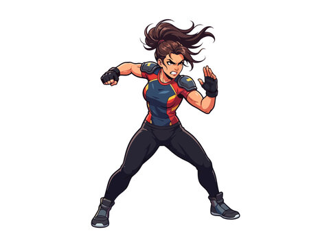 A fierce female fighter in a dynamic combat stance with a determined expression.