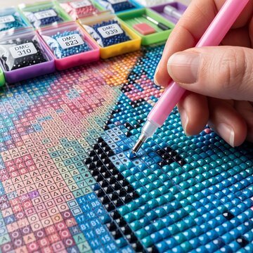 Hand using a pink pen to place blue resin drills onto a diamond painting canvas with colorful sorted beads