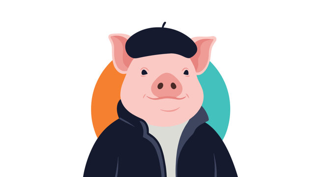Charming portrait of a pig wearing a black beret and jacket against a colorful background in a flat vector art style.