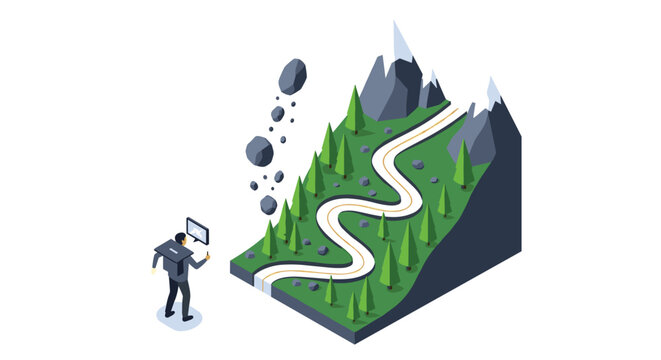 Isometric mountain road scene illustration featuring a person with a backpack looking at a digital screen in the forest.