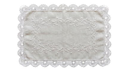 Vintage White Embroidered Linen Placemat with Crochet Lace Border, Elegant Floral Table Runner...