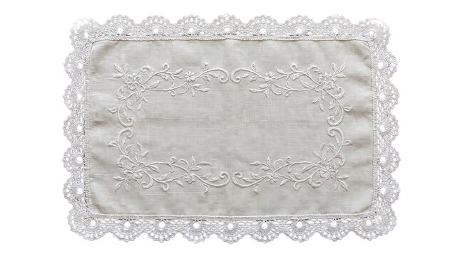 Vintage White Embroidered Linen Placemat with Crochet Lace Border, Elegant Floral Table Runner Frame Cutout Isolated Element Transparent PNG