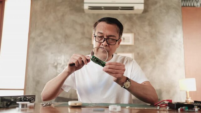 Mature Asian man looks at and considers circuit board details with magnifying glass, focusing on precision checks for home electrical appliance DIY fix, electronics component hobby, handyman workshop.