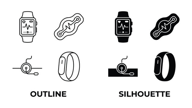 Wearable Health Technology Icons: A collection of outline and silhouette icons representing wearable health devices, including smartwatches, fitness trackers, and heart rate monitors.