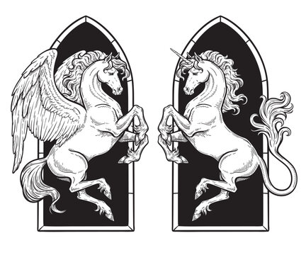 Heraldic Pegasus and Unicorn Vintage Engraving Vector Illustration, Winged Horse Medieval Emblem, Hand Drawn Black and White Line Art