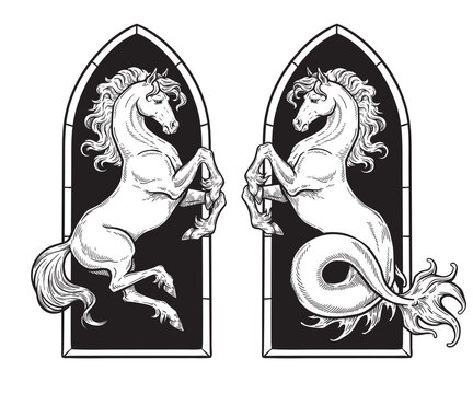 Heraldic Rearing Horse and Hippocampus Sea Horse Vintage Engraving Vector Illustration, Medieval Stallion Emblem, Hand Drawn Black and White Line Art