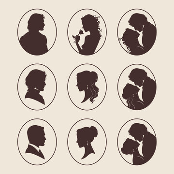 Vintage Cameo Silhouette Collection Romantic Victorian Portraits and Couples in Oval Frames Vector Illustration