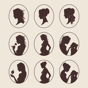 Vintage Cameo Silhouette Collection Elegant Female Profiles and Motherhood Scenes in Oval Frames Vector Illustration
