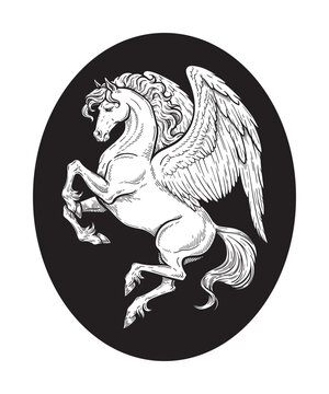 Heraldic Pegasus Vintage Engraving Vector Illustration, Winged Horse Medieval Emblem, Hand Drawn Black and White Line Art