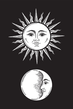 Hand drawn medieval style art sun and crescent moon. Antique style sticker or tattoo design vector illustration isolated