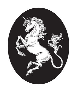 Heraldic Unicorn Vintage Engraving Vector Illustration, Winged Horse Medieval Emblem, Hand Drawn Black and White Line Art