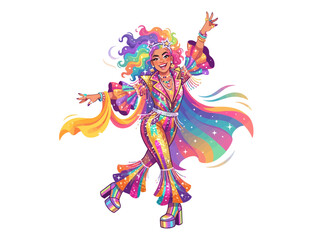 Fototapeta premium Vibrant disco dancer in a colorful rainbow outfit with platform shoes.