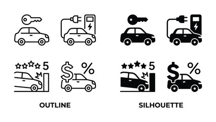 Fototapeta premium Electric Car Icons: A set of minimalist icons illustrating electric vehicle concepts, including charging, key, rating, and cost, presented in both outline and silhouette styles.