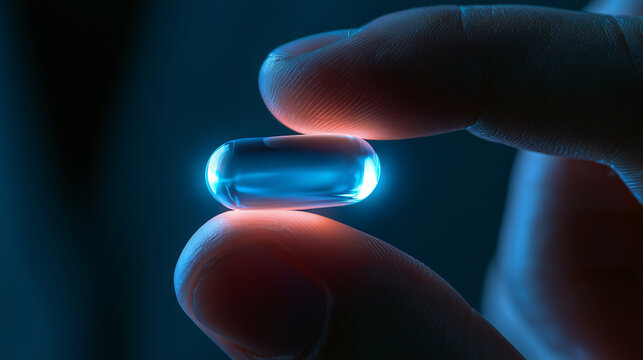 Futuristic medicine capsule held between fingers, glowing blue pharmaceutical research concept, dark clinical background, digital healthcare and nanotechnology photo futuristic med
