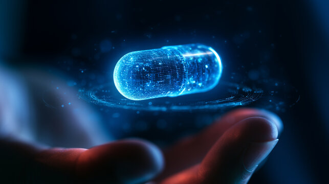 Futuristic medicine capsule held between fingers, glowing blue pharmaceutical research concept, dark clinical background, digital healthcare and nanotechnology photo futuristic med