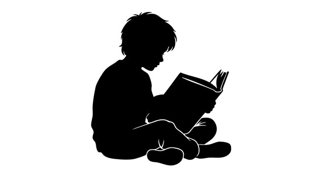Silhouette of a young child sitting down while focused on reading an open book in this minimalist vector graphic illustration featuring sharp black contrast against a pure clean white background.