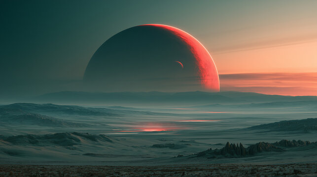 Alien planet rising over desert valley at twilight, cinematic sci fi landscape with red crescent moon, distant mountains, teal sky and mysterious extraterrestrial world atmosphere