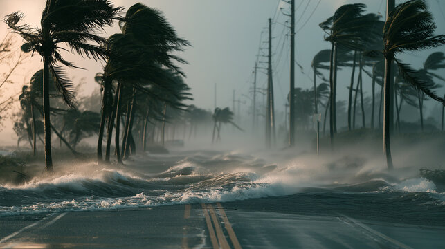 hurricane on a coastal road, strong storm surge water crossing the pavement, tall palm trees bending violently in the wind, utility poles fading into fog and rain