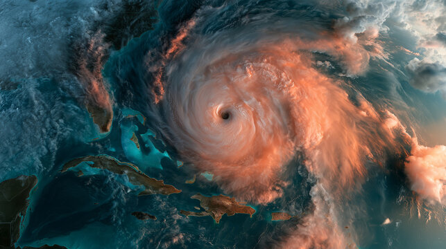 Colorized satellite image of hurricane over coastline, extreme weather radar map, tropical cyclone eye, meteorology and climate conceptweather visualization of a powerful hurricane