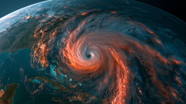 Colorized satellite image of hurricane over coastline, extreme weather radar map, tropical cyclone eye, meteorology and climate conceptweather visualization of a powerful hurricane