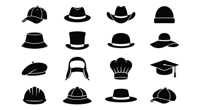 Collection of various hat silhouettes in black, showcasing different styles and designs.