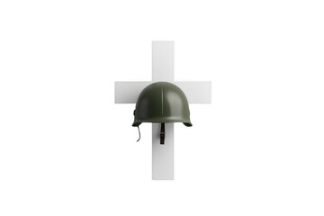 Naklejka premium Military helmet hanging on white cross symbolizing war sacrifice