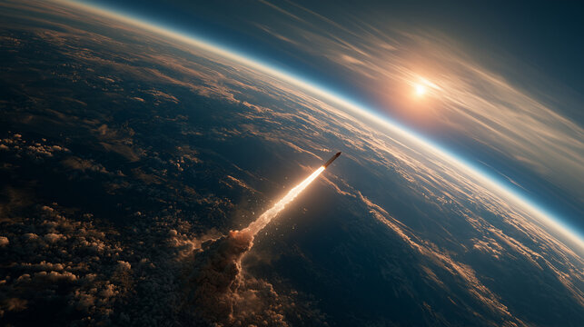 rocket launch viewed from orbit above Earth, bright narrow white exhaust beam piercing the atmosphere, curved planet horizon with blue atmospheric glow, soft sunrise light on the e
