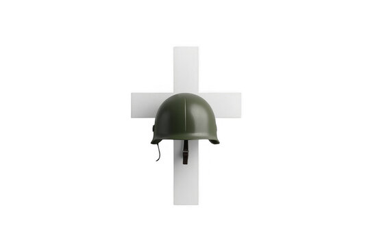 Military helmet hanging on white cross symbolizing war sacrifice