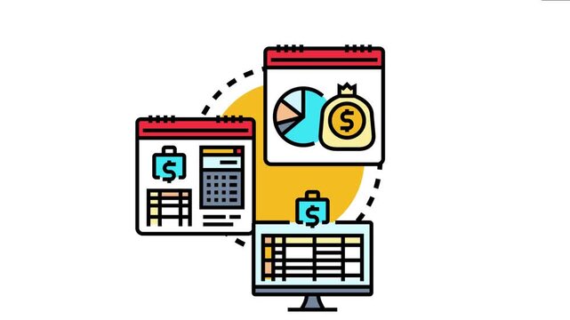Financial management icons successful budget planning, initial cost control, and tracking monetary expenses using calendar, calculator, and spreadsheet tools for efficient economy