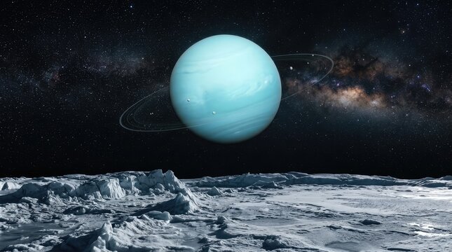 Uranus and its Rings in the Cosmos: A breathtaking view of the icy blue planet Uranus, adorned with its delicate ring system, floating serenely in the vast expanse of space.
