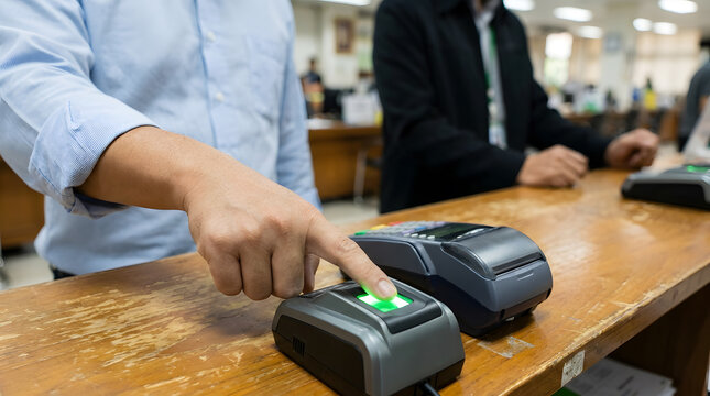 Person Scanning Fingerprint on Biometric Scanner at Service Counter | Biometric Authentication Fingerprint Reader Verification at Bank Office Counter | Fingerprint Access Control Scanner Unit Being Us