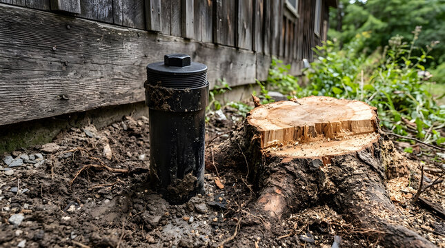 Black PVC Sewer Cleanout Pipe Installed in Ground Beside Tree Stump | Outdoor Underground Sewer Line Cleanout Access Pipe near Wooden Building | Black Plastic Sewer Pipe Access Cap Installed Outside 