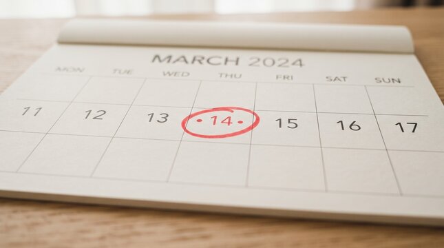 Red circle marking March 13 on 2023 desk calendar with blank space for notes or reminders