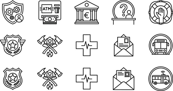 Municipal emergency services and public infrastructure vector icon set featuring bank atm police badge firefighter cross mail subway bus lineart graphics
