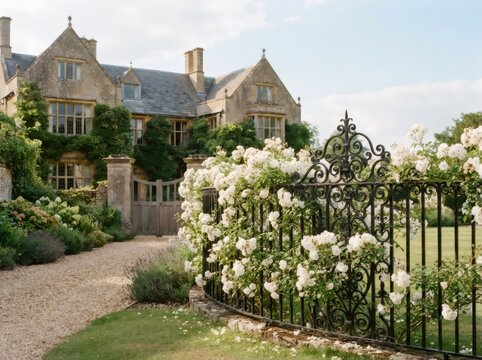 Historic stone manor surrounded by blooming white roses and ornate wrought iron fence. English countryside garden architecture with elegant heritage landscape and copy space.
