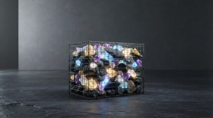 Obraz premium Glowing multicolored stones confined inside a metal cage. Symbolic concept of creativity, potential, restriction, emotional pressure, and freedom in a dark industrial setting.