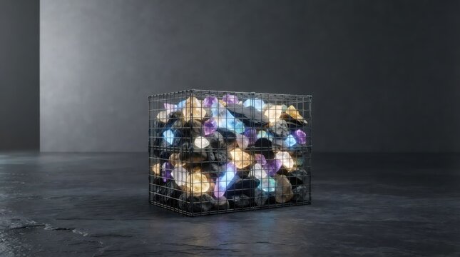 Glowing multicolored stones confined inside a metal cage. Symbolic concept of creativity, potential, restriction, emotional pressure, and freedom in a dark industrial setting.