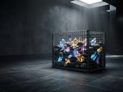Cage filled with glowing crystals and dark stones in a dramatic industrial room. Concept of hidden value, restricted resources, mystery, energy, wealth, and secure storage.