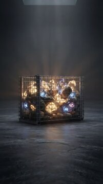 Glowing crystal rock collection enclosed in a metal cage. Illuminated mineral display symbolizing guarded energy, hidden treasure, strength, mystery, and conceptual industrial design.