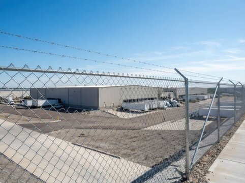 Secure industrial facility behind chain link fence and barbed wire. Manufacturing warehouse with restricted access perimeter, surveillance, safety, and infrastructure security concept under blue sky.