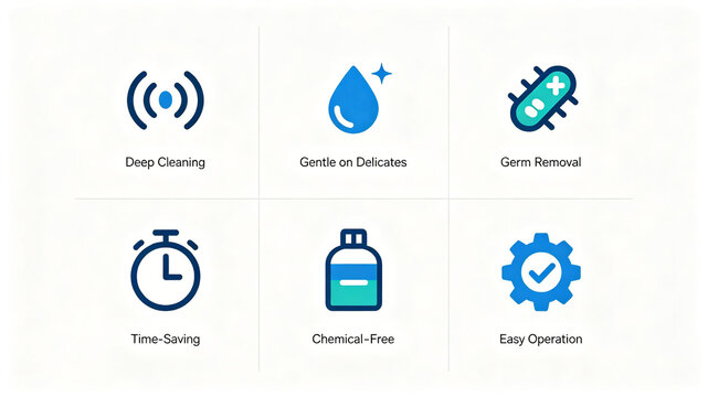 Flat blue household appliance function icon, representing deep cleaning and sterilization without chemical residue, suitable for product introduction pages and e-commerce main image auxiliary modules.