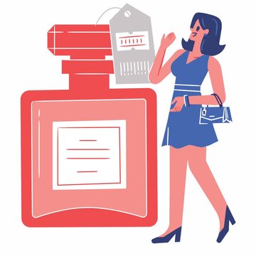 Animated cheerful cartoon girl buys perfume at a special sale price while enjoying a retail discount
