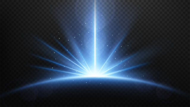 Blue Light Rising From Planet Horizon, Glowing Shine Background, Vector Illustration