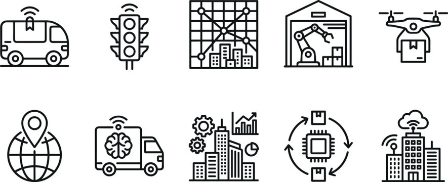 Smart logistics urban network vector linear icon set with autonomous delivery drone traffic control warehouse tracking global supply chain automation