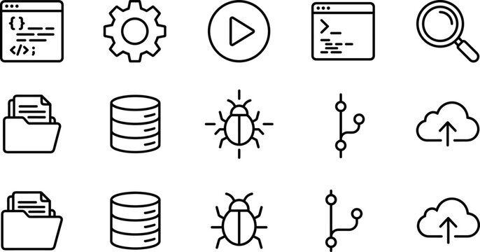 Software programming web development line icon set for coding terminal application database cloud infrastructure system architecture tech workflow vector illustration