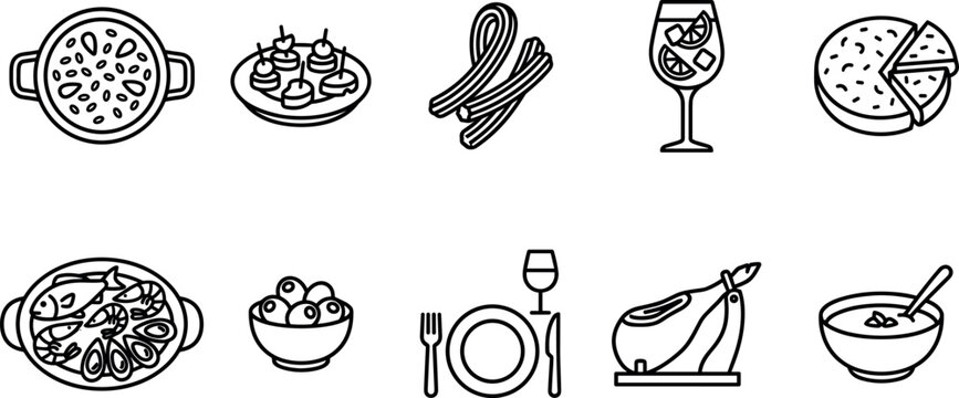 Spanish tapas food icon set featuring minimal line art illustrations of paella churros sangria olives seafood jamon and traditional cuisine menu elements
