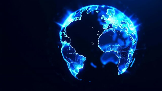 Glowing blue globe rotates against dark background, revealing illuminated continental outlines, radiant edge flares, and fine network lines across a centered spherical world visualization