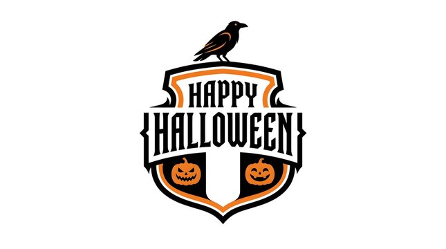 This captivating halloween typography design features a vintage crest adorned with pumpkins a perched raven and bold lettering creating a spooky and festive atmosphere perfect